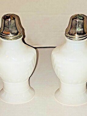 White Milk Glass Salt & Pepper Shakers - Faceted Lids, 5.5" Tall - Vtg Victorian